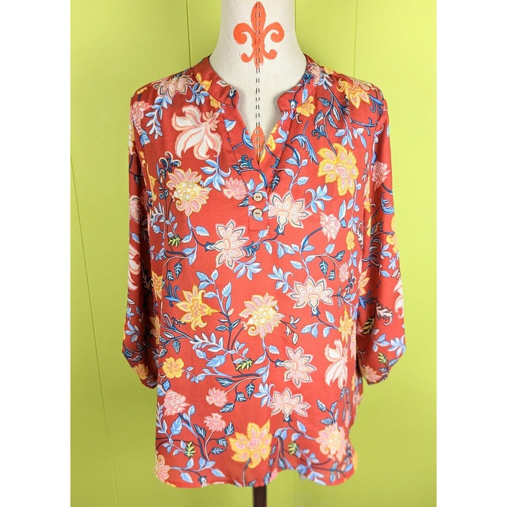 Cure Women's L Blouse Tunic Top Rust Red Floral 3/4 Roll Tab Sleeve V-Neck Poly